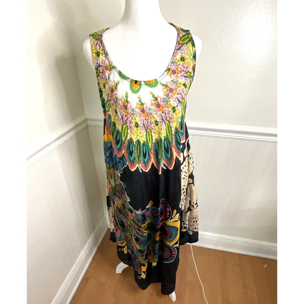Seven Islands Sleeveless Dress Peacock Floral Colorful Beach Resort Women Size S